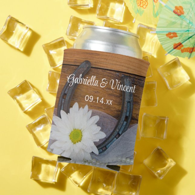 Rafraîchisseur Pour Canette White Daisy et Horseshoe Western Wedding Favoriser (Été in situ)