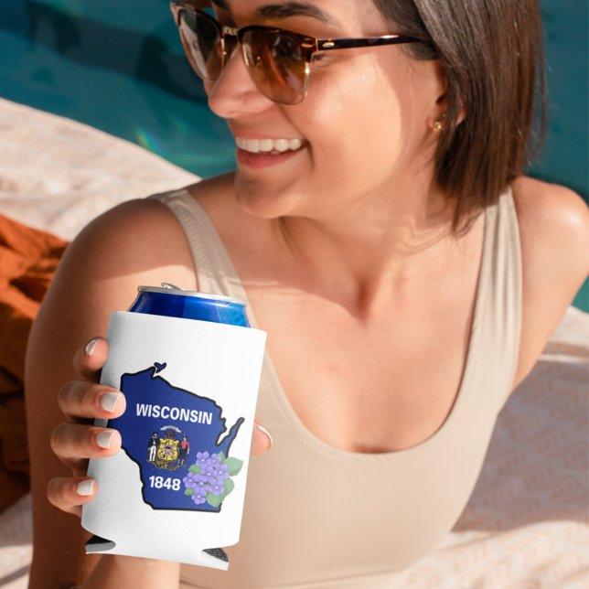 Rafraîchisseur Pour Canette Wisconsin Drapeau et Fleur Bleu Violet Nom personn (Créateur téléchargé)