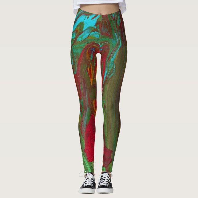 Rag To Riches 1 Bold Red Green Abstract Leggings (Devant)