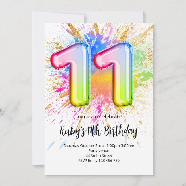 Rainbow 11th Birthday Invitation (Devant)