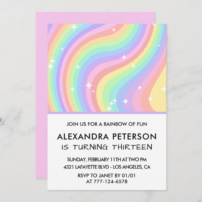 Rainbow 13e anniversaire invitations Pastel Cute (Devant / Derrière)