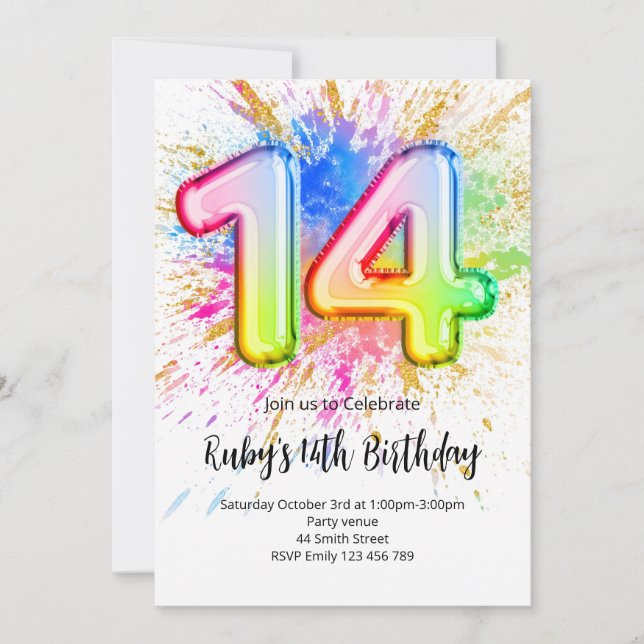 Rainbow 14th Birthday Invitation (Devant)
