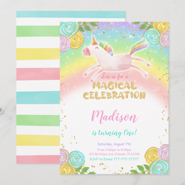 Rainbow 1er Anniversaire Unicorn Party Invitation (Devant / Derrière)