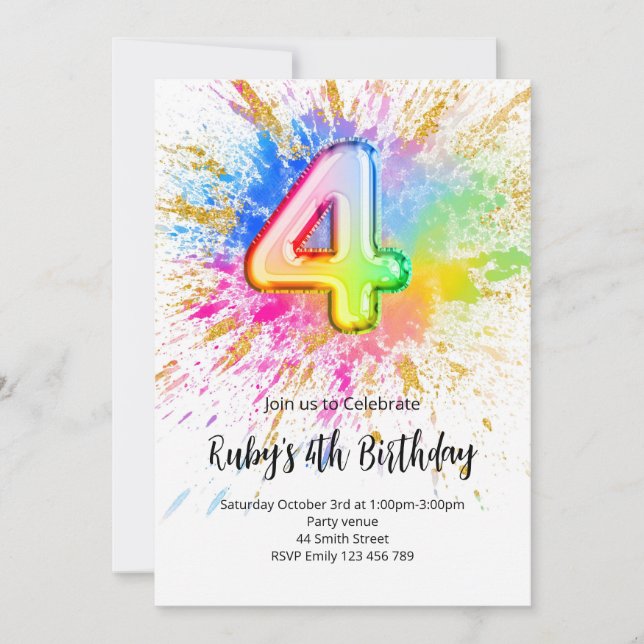 Rainbow 4th Birthday Invitation (Devant)