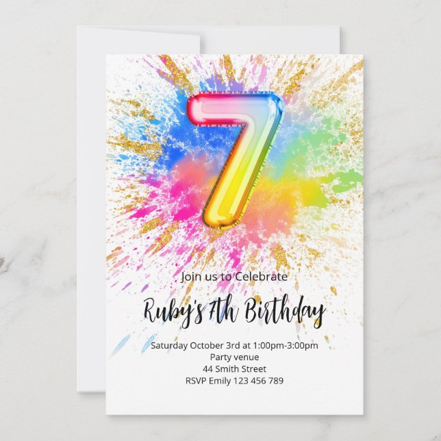 Rainbow 7th Birthday Invitation (Devant)