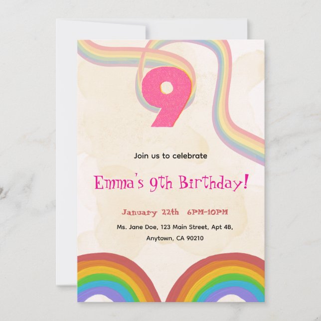  Rainbow 9th Birthday Party Invitation (Devant)