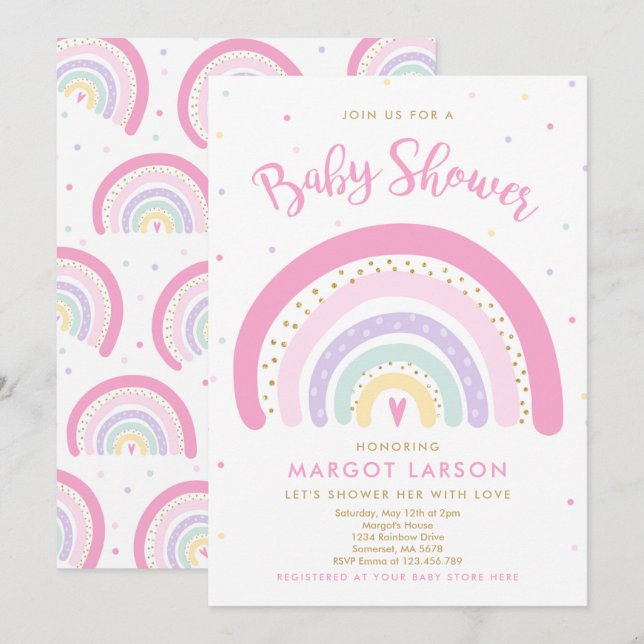 Rainbow Baby shower Invitation Pastel Rainbow (Devant / Derrière)