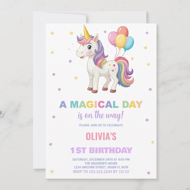 Rainbow Balloons Unicorn Invitations d'anniversair (Devant)