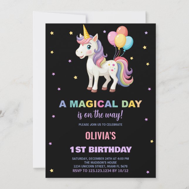 Rainbow Balloons Unicorn Invitations d'anniversair (Devant)