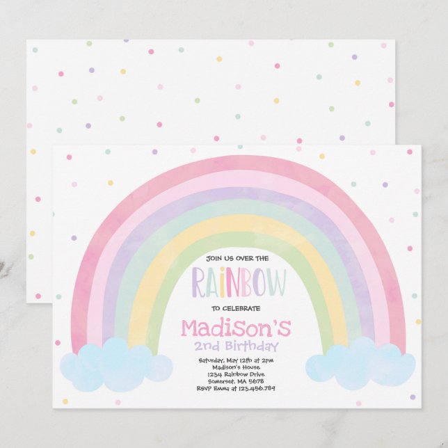 Rainbow Birthday Invitation Pastel Rainbow Party (Devant / Derrière)