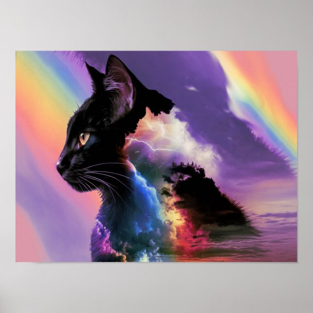 Rainbow Black Cat Design Surreal Poster Imprimer A (Devant)