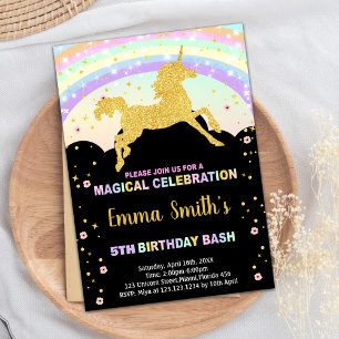 Rainbow Black Unicorn Invitations d'anniversaire