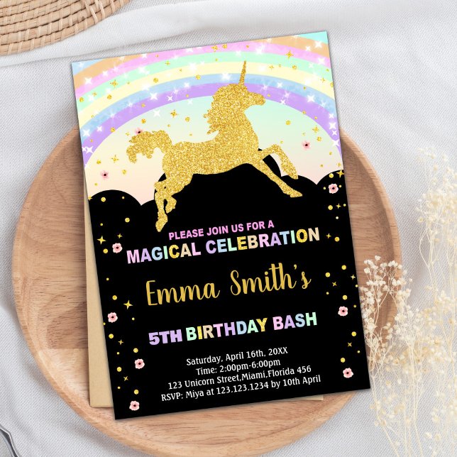 Rainbow Black Unicorn Invitations d'anniversaire (Rainbow Black Unicorn Birthday Invitations)