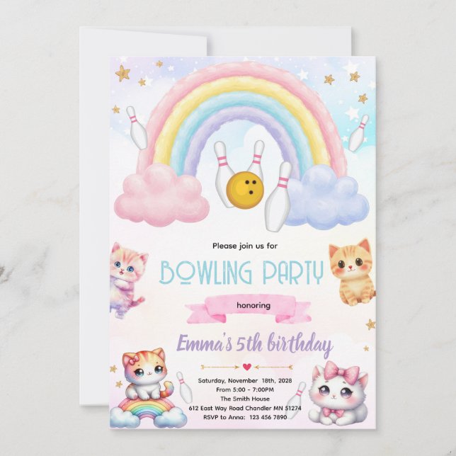 Rainbow bowling cat party invitation (Devant)