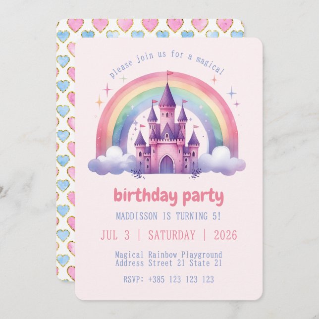 Rainbow Castle Girls Anniversaire Fête Invitation (Devant / Derrière)