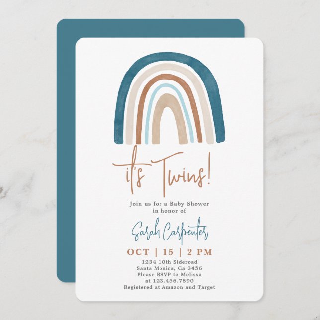 Rainbow c'est Twins Baby shower Boy Invitation (Devant / Derrière)