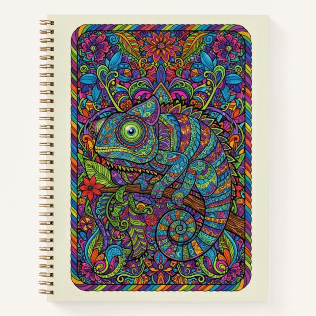 Rainbow Chameleon Floral Neon Zentangle Journal (Devant)