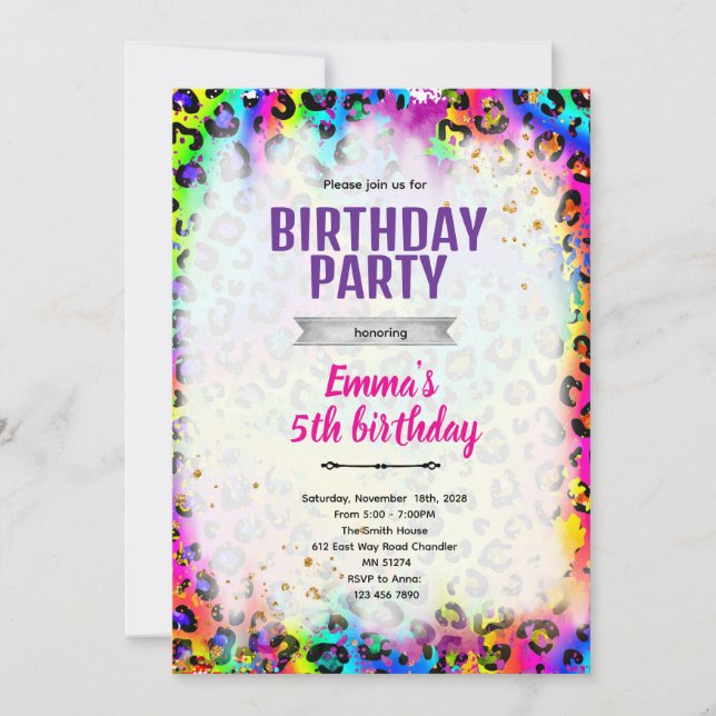 Rainbow cheetah leopard print invitation (Devant)