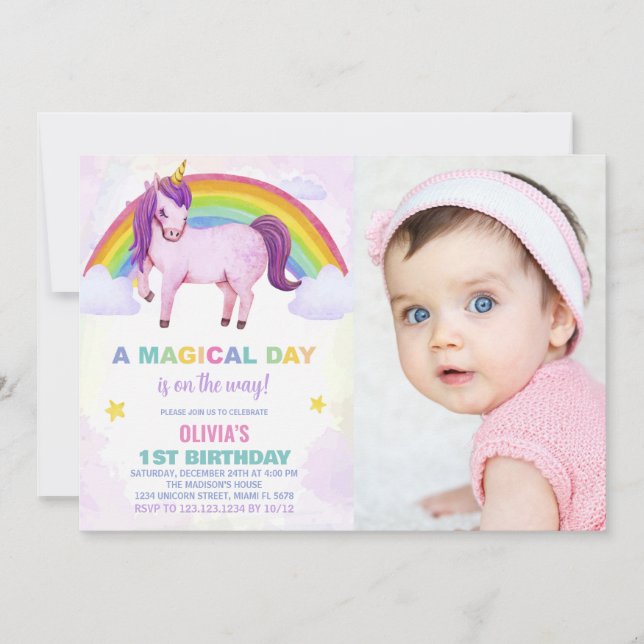 Rainbow Cloud Unicorn Birthday Invitations photo (Devant)