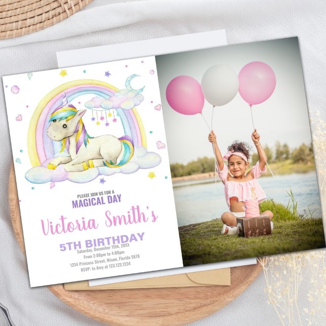 Rainbow Cloud Unicorn Invitation d'anniversaire (Rainbow Cloud Unicorn Birthday Invitations w photo)