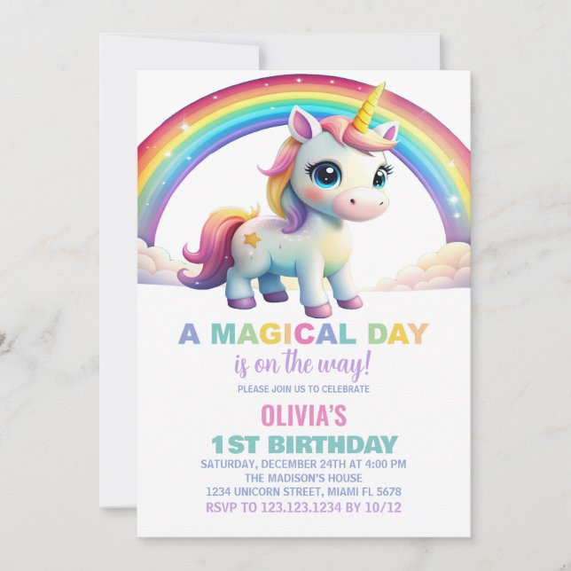 Rainbow Cloud Unicorn Invitations d'anniversaire (Devant)