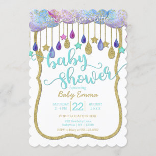 Rainbow Clouds & Gold Stars Baby shower Invitation