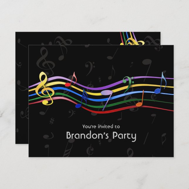 Rainbow Coloured Music Notes Invitations (Devant / Derrière)