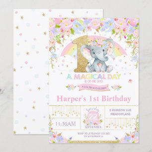 Rainbow Elephant 1er anniversaire Invitation Girl