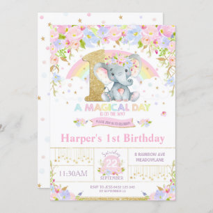 Rainbow Elephant 1er Birthday Invitation Girl
