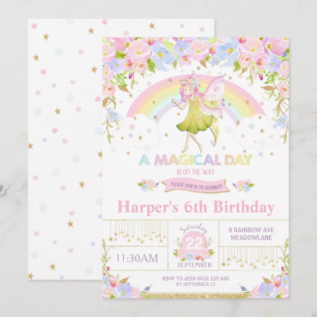 Rainbow Fairy Birthday Invitation Girl (Devant / Derrière)