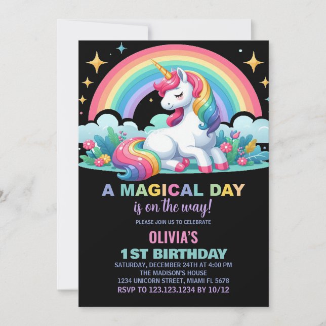 Rainbow Floral Unicorn Invitations d'anniversaire (Devant)