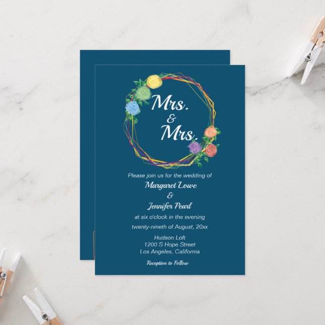 Rainbow Flowers Mme lesbian faire-part de mariage  (Devant/Arrière en situation)