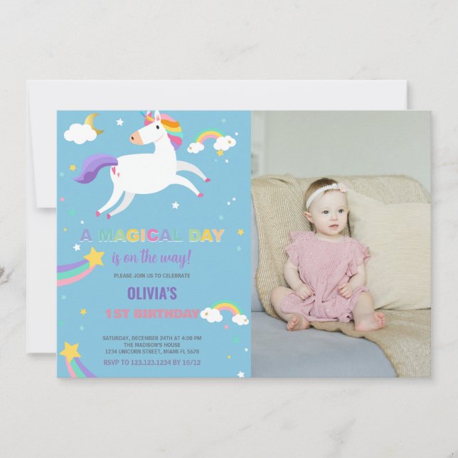 Rainbow Fly Unicorn Birthday Invitations photo (Devant)