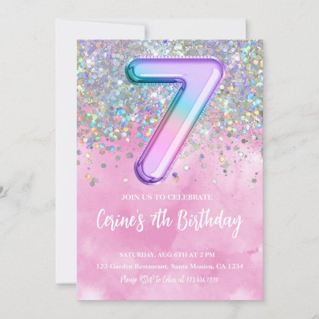 Rainbow Foil Girl 7e anniversaire Invitation (Devant)