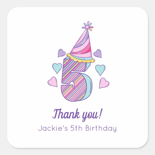 Rainbow Girls 5th Birthday Party Favoriser Sticker (Devant)