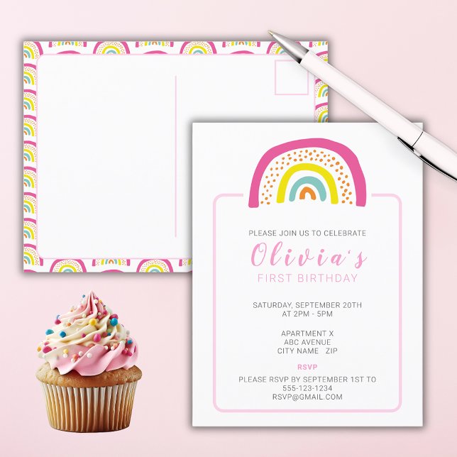 Rainbow Girls First Birthday Party Invitation (Girls Birthday Party Invitation postcard with colorful pink rainbow design.)