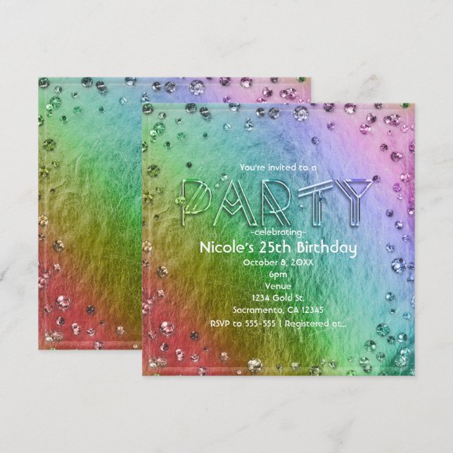 Rainbow Glam Faux Foil Bling Party Invitations (Devant / Derrière)