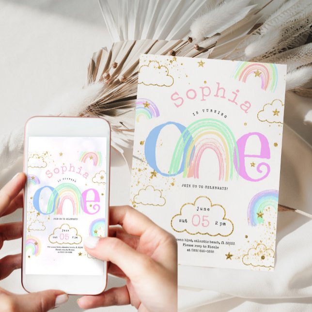 Rainbow Gold Nuages 1er anniversaire Invitation (Créateur téléchargé)