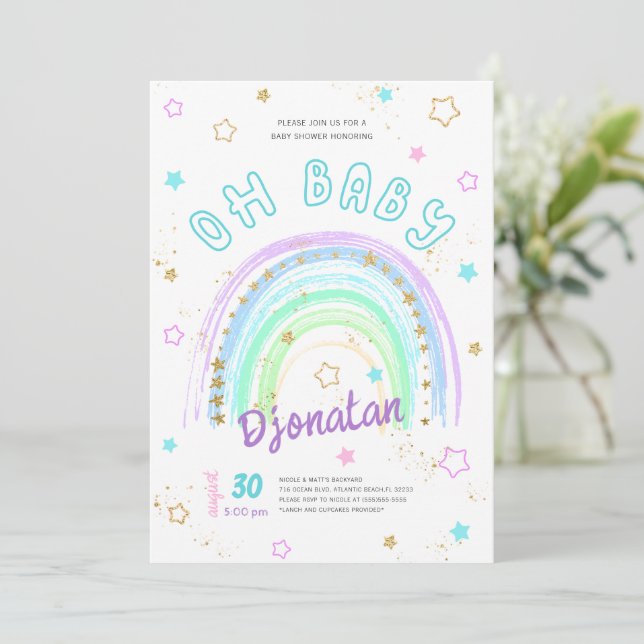 Rainbow Gold Stars Invitation Anniversaire (Debout devant)