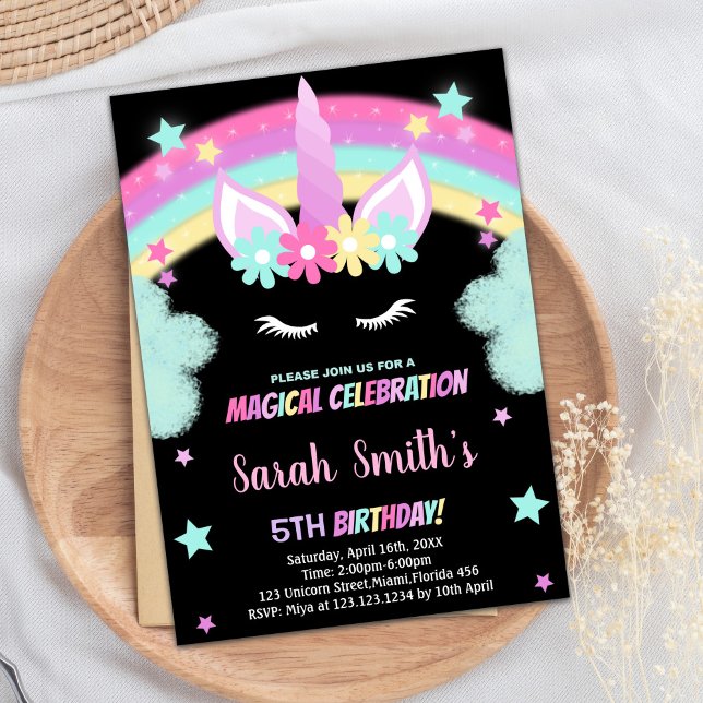 Rainbow Green Black Unicorn Invitations d'annivers (Rainbow Green Black Unicorn Birthday Invitations)