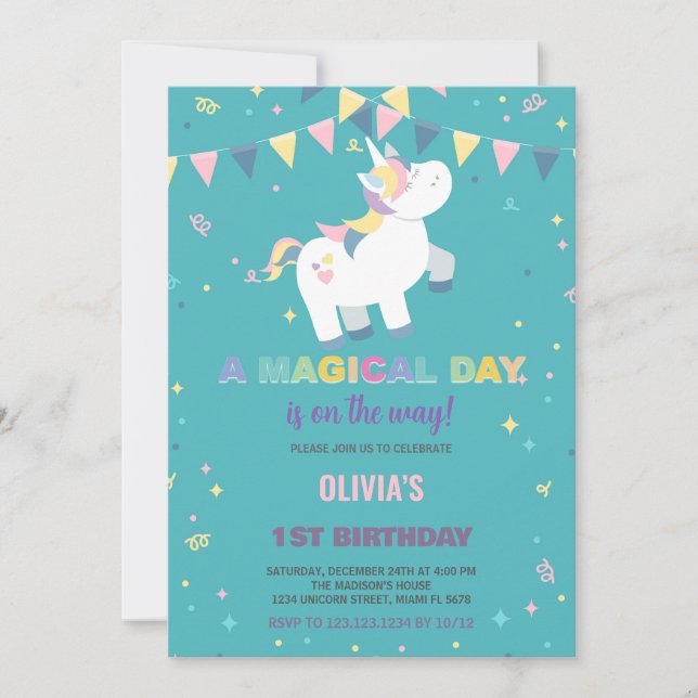 Rainbow Green Fly Unicorn Invitations Anniversaire (Devant)