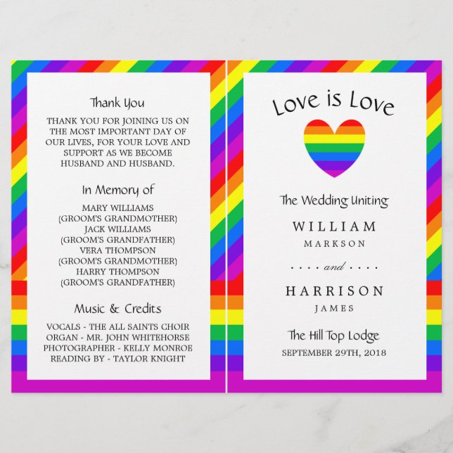 Rainbow Heart Love is Love Mariage Bi-fold Program (Devant)