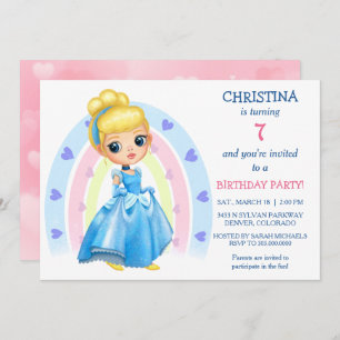 Rainbow Heart Princess Invitation de fête d'annive