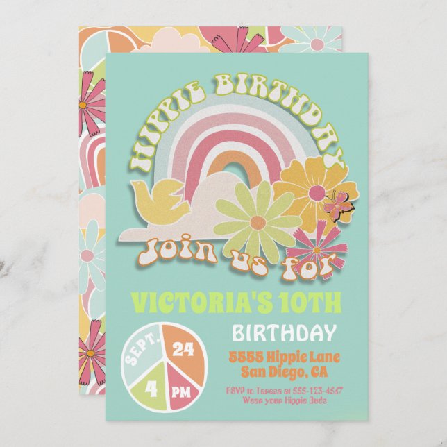 Rainbow Hippie Anniversaire Fête Invitation (Devant / Derrière)