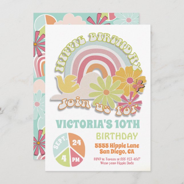 Rainbow Hippie Anniversaire Fête Invitation (Devant / Derrière)