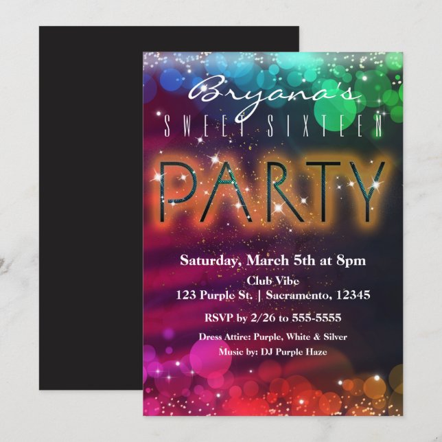 Rainbow Lights Sparkle Dance Club Party Invitation (Devant / Derrière)