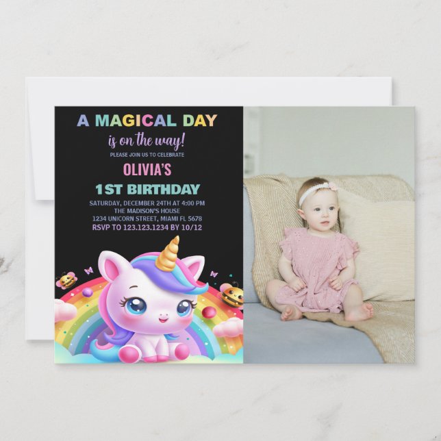 Rainbow Little Unicorn Birthday Invitations photo (Devant)