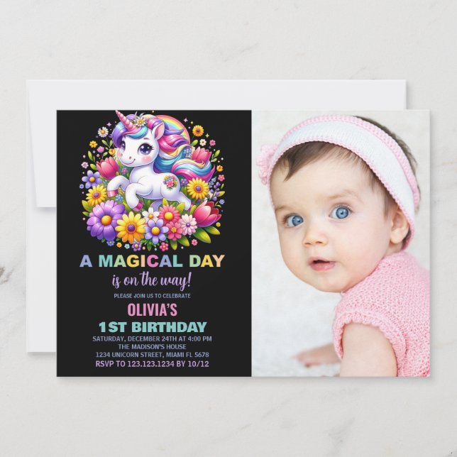 Rainbow Little Unicorn Birthday Invitations photo (Devant)