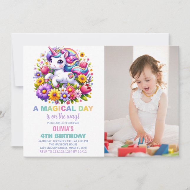 Rainbow Little Unicorn Birthday Invitations photo (Devant)