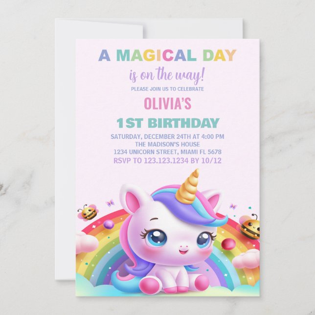 Rainbow Little Unicorn Invitations d'anniversaire (Devant)